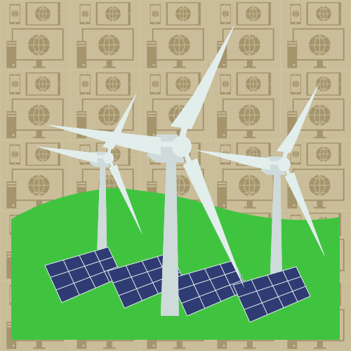 A graphic with windmills and solar panels representing green website hosting.