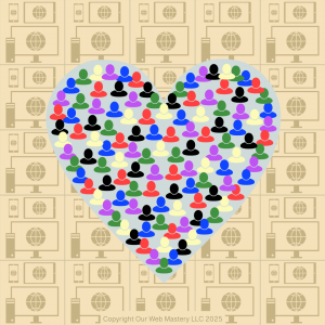 A graphic with a heart shape made up people of various colors.