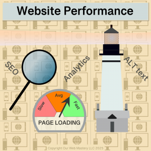 Website Performance logo with lighthouse, page loading speed gauge and magnifying glasss.