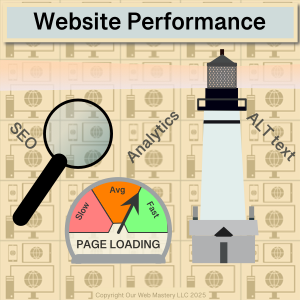Website Performance logo with lighthouse, page loading speed gauge and magnifying glasss.